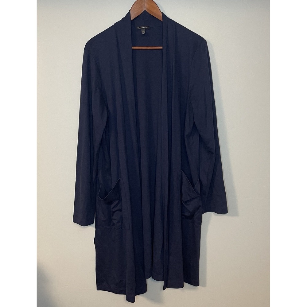Eileen Fisher Blue Open Front Sweater Cardigan with Pockets Sz Large
